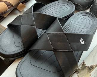 Black leather crossover slide sandals