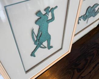 Framed verdigris trumpeter and archer wall art