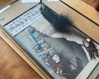 Framed Japanese shadow box art with feather accents