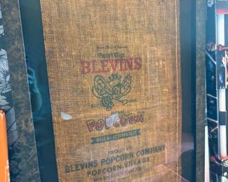 Framed vintage Blevins Popcorn burlap sack