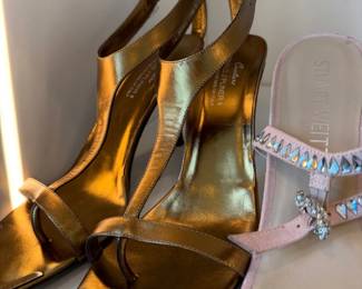 Carolina Herrera gold sandals and Stuart Weitzman jeweled sandals