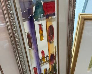Framed colorful abstract watercolors, pair