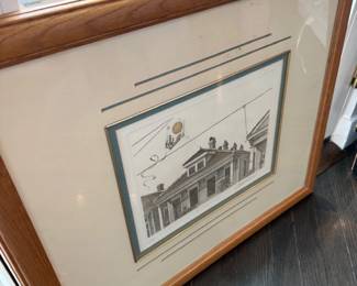 Framed architectural house rendering, wood frame