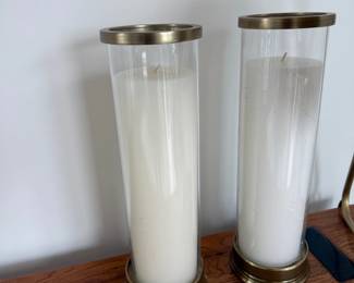 Tall glass hurricane candle holders, pair