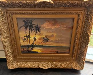 Tropical sunset oil painting, ornate gilt frame