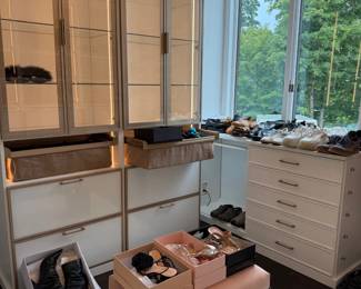 Designer shoe and handbag collection in closet