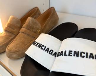 Balenciaga logo slides and tan suede loafers