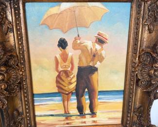 Framed beach scene oil painting, ornate gilt frame