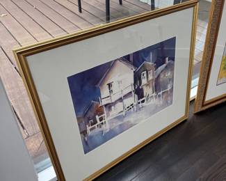 Framed farmhouse watercolor, gilt frame