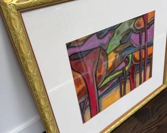 Framed colorful abstract art, ornate gilt frame