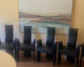 Offsite, set of 10 1989 leather dining chairs made in Finland. Text for information.