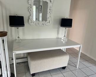 VINTAGE IKEA TABLE. OTTOMAN. LAMPS THROUGHOUT. MIRRORS THROUGHOUT.