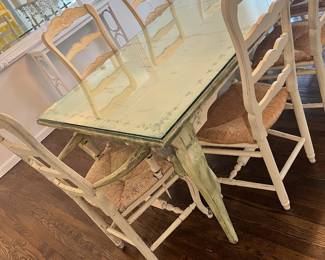 DETAIL OF THE HABERSHAM DINING ROOM SET; TABLE WITH 8 CHAIRS.