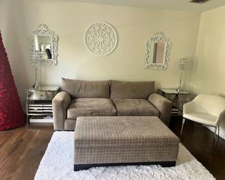 RAYMOUR GREY/BEIGE SOFA, NAILHEAD MIRROR END TABLES, WALL MIRRORS, LAMPS.