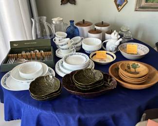 Corning Corelle "Old Town Blue"; salad bowl sets, vintage glassware, Wallace Stainless steel set