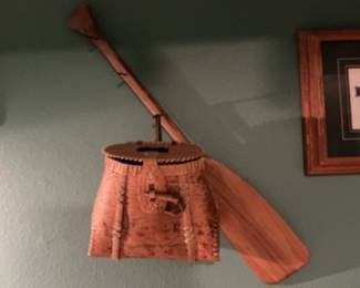 Birch bark fishing creel and paddle