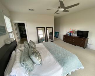 Headboard, mattress, dresser, mirrors