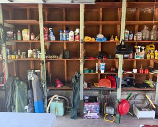 Bag chairs, vintage vacuum, spot light, car items, lots of misc.