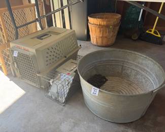Dog kennel, crate, gate, wash tub