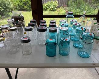 Vintage blue jars, vintage clear jars, small vintage bottles