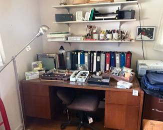 Office desk, chair, lamps, office supplies