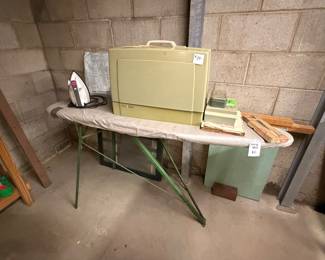 Vintage ironing board, sewing machine