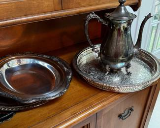 Silverplate platters and teapot