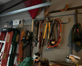 Ladders, hedge trimmer, saws, rake, extension cords, air compressor cord, and more