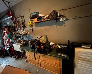 Ethan Allen Dresser, 60" Countertop, Cooler, Ladders, Extension Cord, Hedge trimmer, various tools and Harley parts