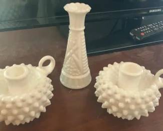Vintage Milk Glass Hobnail Vases Candle Holders Set