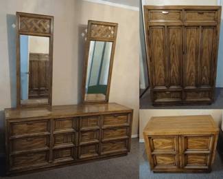 Bedroom Set Dresser w Mirror, Nightstand, and Armoire w Shelves