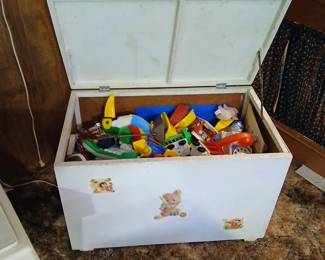 Vintage Wooden Toy Chest Filled with Assorted Vintage Toys