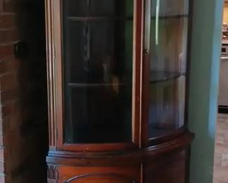 Vintage Curved Glass Corner Curio Cabinet with Locking Door