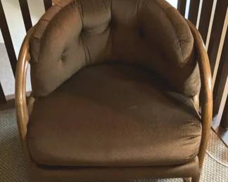 MidCentury MCM Rattan Lounge Chair w Brown Upholstery