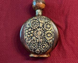 Italian Wood Decanter With Embossed Leather Accents