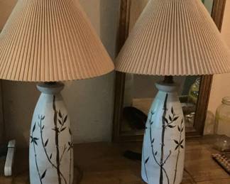 Pair of Vintage Table Lamps with HandPainted Bamboo Motif Possibly Studio Pottery