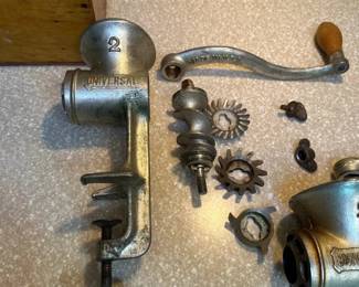 Pair of Antique Universal No. 2 Meat Grinders with Wooden Storage Box