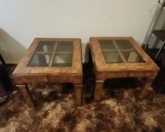 Two Wood And Brass Toned Metal End Tables