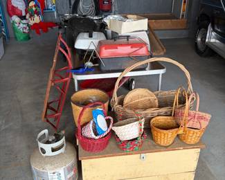 Baskets, wooden chest, vintage sled, vintage Santa