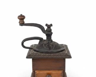 Antique Arcade Crystal Coffee Grinder with Wooden Drawer
