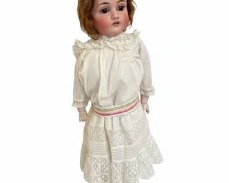 Antique French Bisque Doll by Jumeau with Mohair Wig and Lace Dress