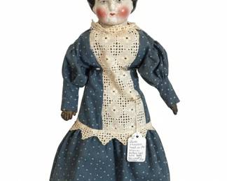 Antique China Shoulder Head Doll with Original Leather and Cloth Body, circa 1860-1870