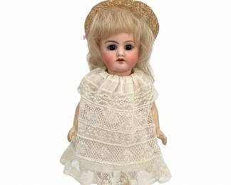 Antique Simon  Halbig Bisque Doll with Lace Dress and Straw Hat