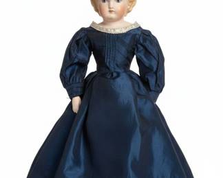 Antique China  Doll in Victorian Blue Dress