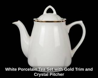 White Porcelain Tea Set with Gold Trim and Crystal Pitcher second image