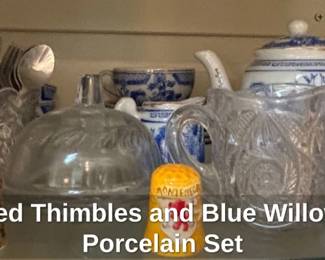Assorted Thimbles and Blue Willow Style Porcelain Set