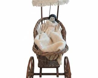 Antique Wicker Doll Pram with Parasol