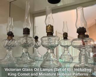 Victorian Glass Oil Lamps Set of   Including King Comet and Miniature Hobnail Patterns