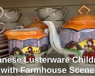 Vintage Japanese Lusterware Childrens Tea Set with Farmhouse Scene