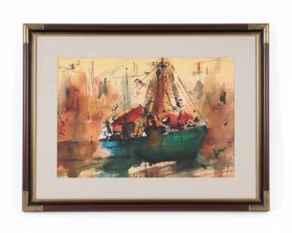 Original Watercolor Painting of a Fishing Boat by Fred Conway,